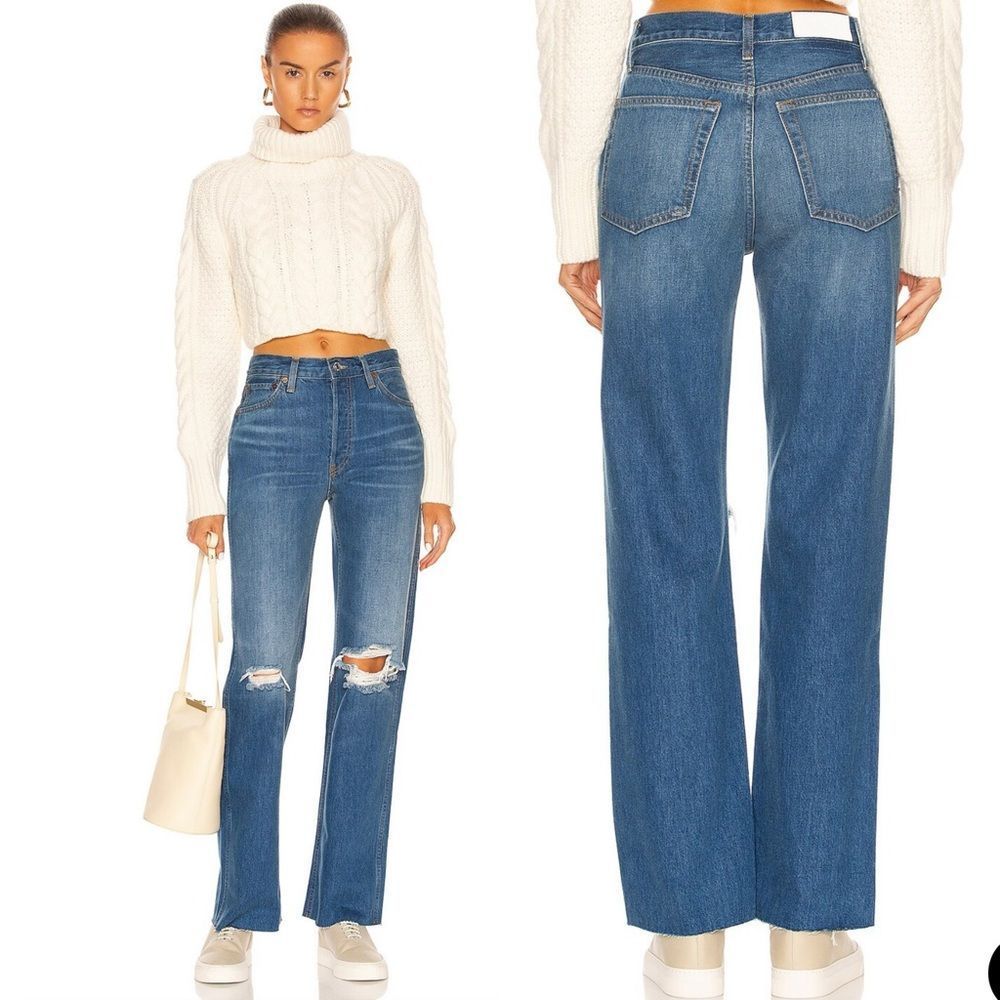 RE/DONE 90s High Rise Loose Jeans Destroyed Broken Blue